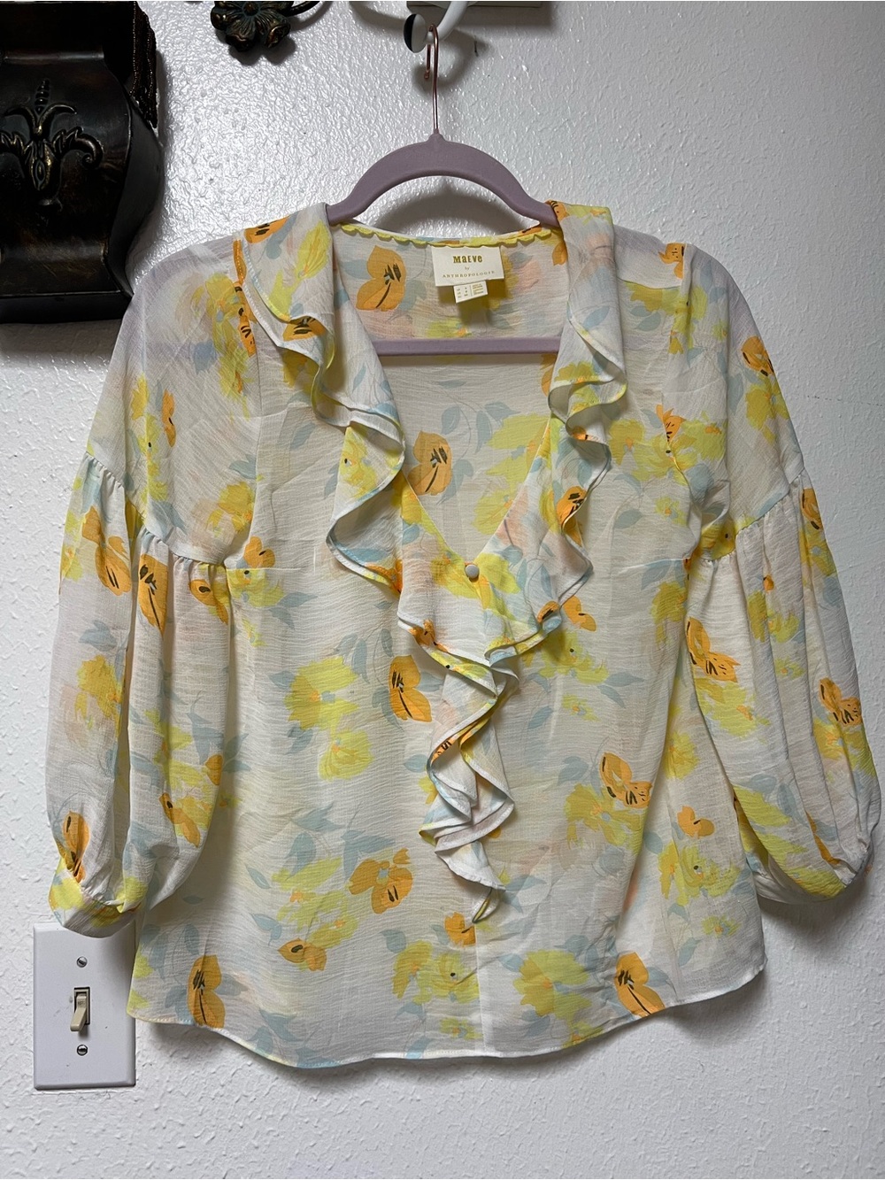 Anthropologie Yellow Floral Ruffle V-Neck Blouse